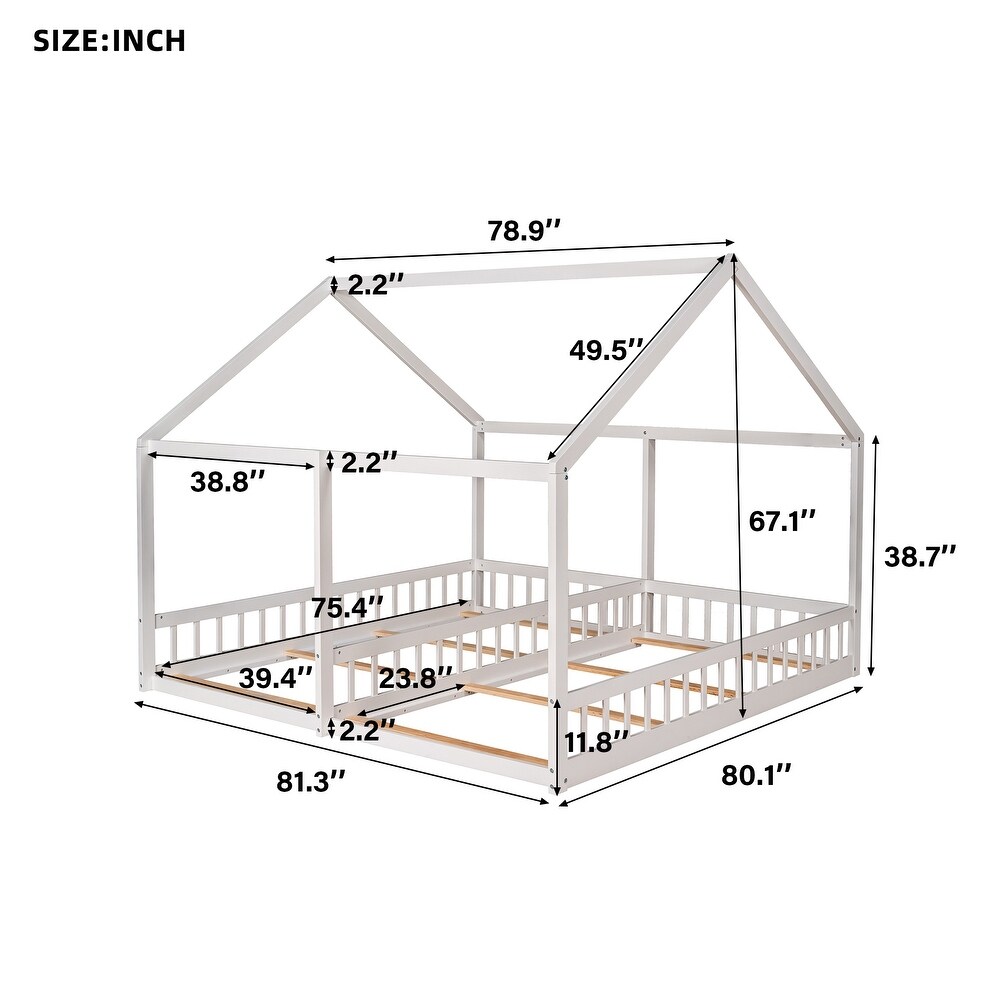 Pine Wood House Platform Beds  Two Shared Beds for Kids  Solid Wood Slats Support  Cozy Bedroom Furniture  Twin Size