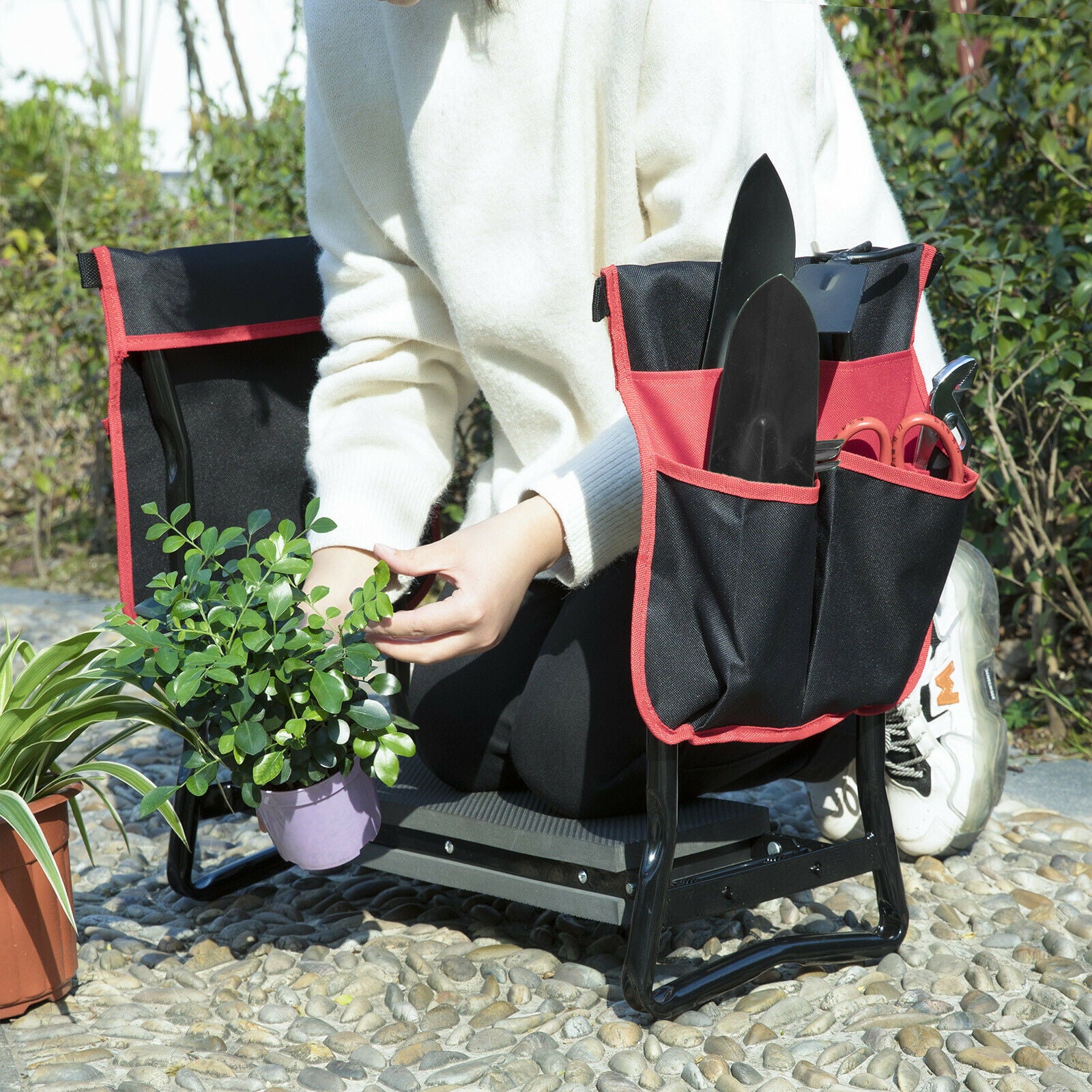 Artist Hand Portable Folding Garden Kneeler Seat Bench Stool with Gloves, 2 Tool Pouches (Black, Red)