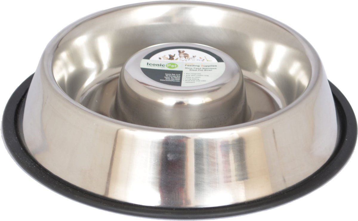 Iconic Pet Slow Feed Stainless Steel Dog and Cat Bowl， 2 count