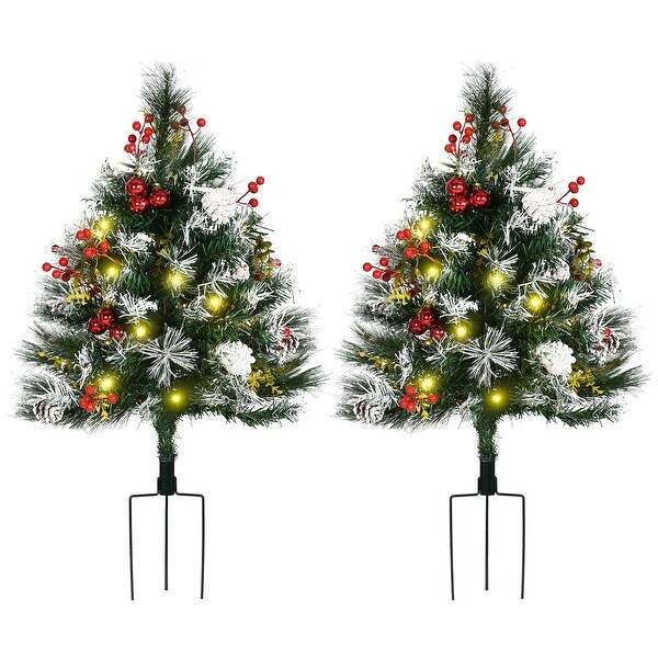 2.5 Ft/30 2 Pack Outdoor Entryway Xmas Tree Cordless with 70 Branches，Warm LED lights，Red Berries，Pine Cones，Balls，Green