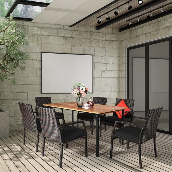 7Pcs Patio Rattan Cushioned Dining Set with Umbrella Hole