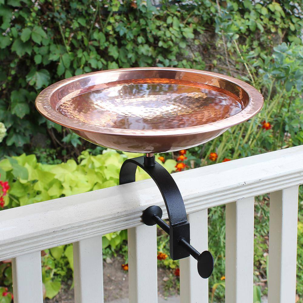 Achla Designs 14.5 in. W Polished Copper Plated Hammered Copper Birdbath with Over Rail Bracket BBHC-01T-OR