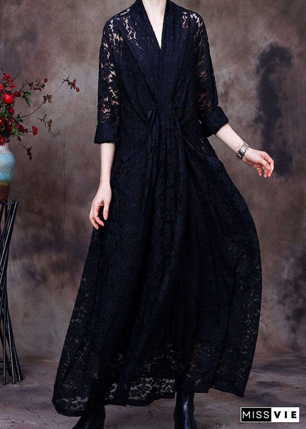 Plus size black V Neck lace Party Dress Spring