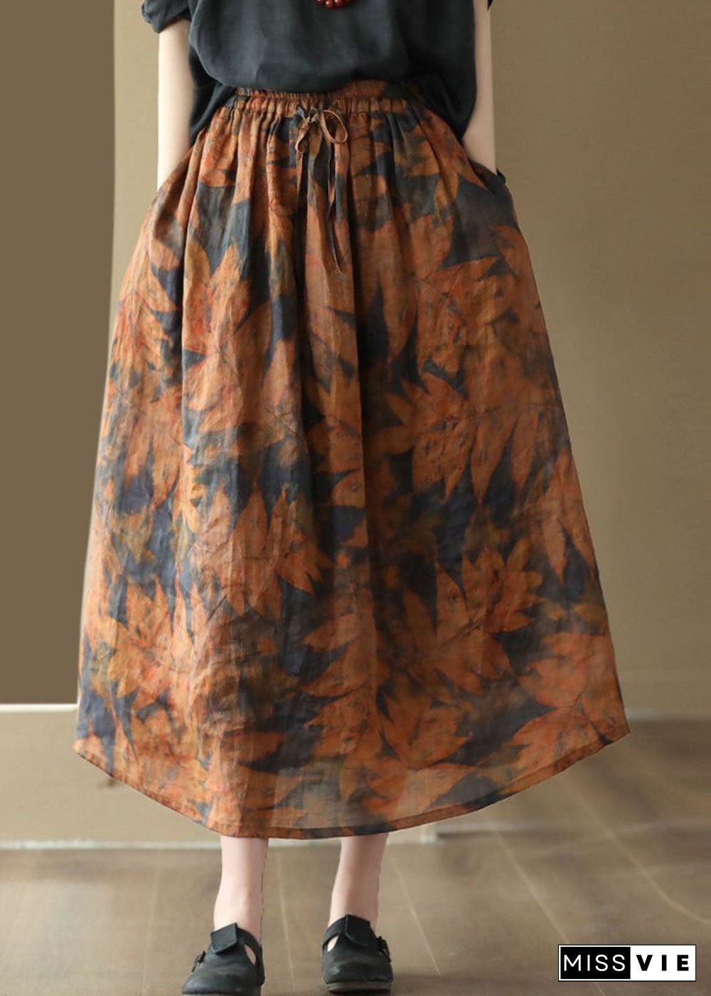 Beautiful Orange Wrinkled Pockets Patchwork Linen Skirt Summer