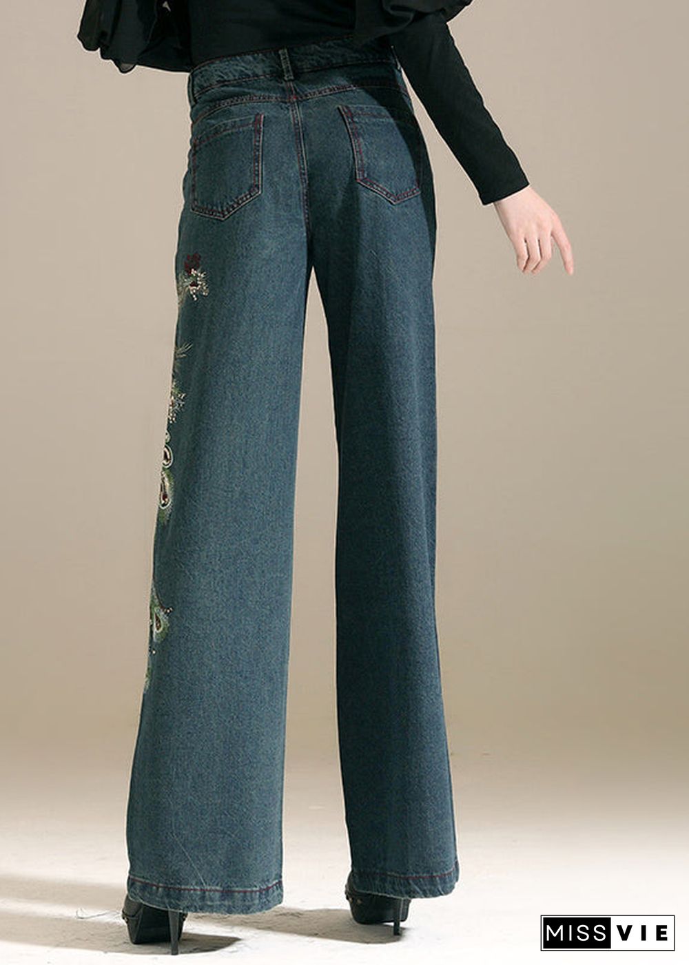 Chic Denim Blue Sequins Embroideried Pockets Cotton Wide Leg Pants Summer