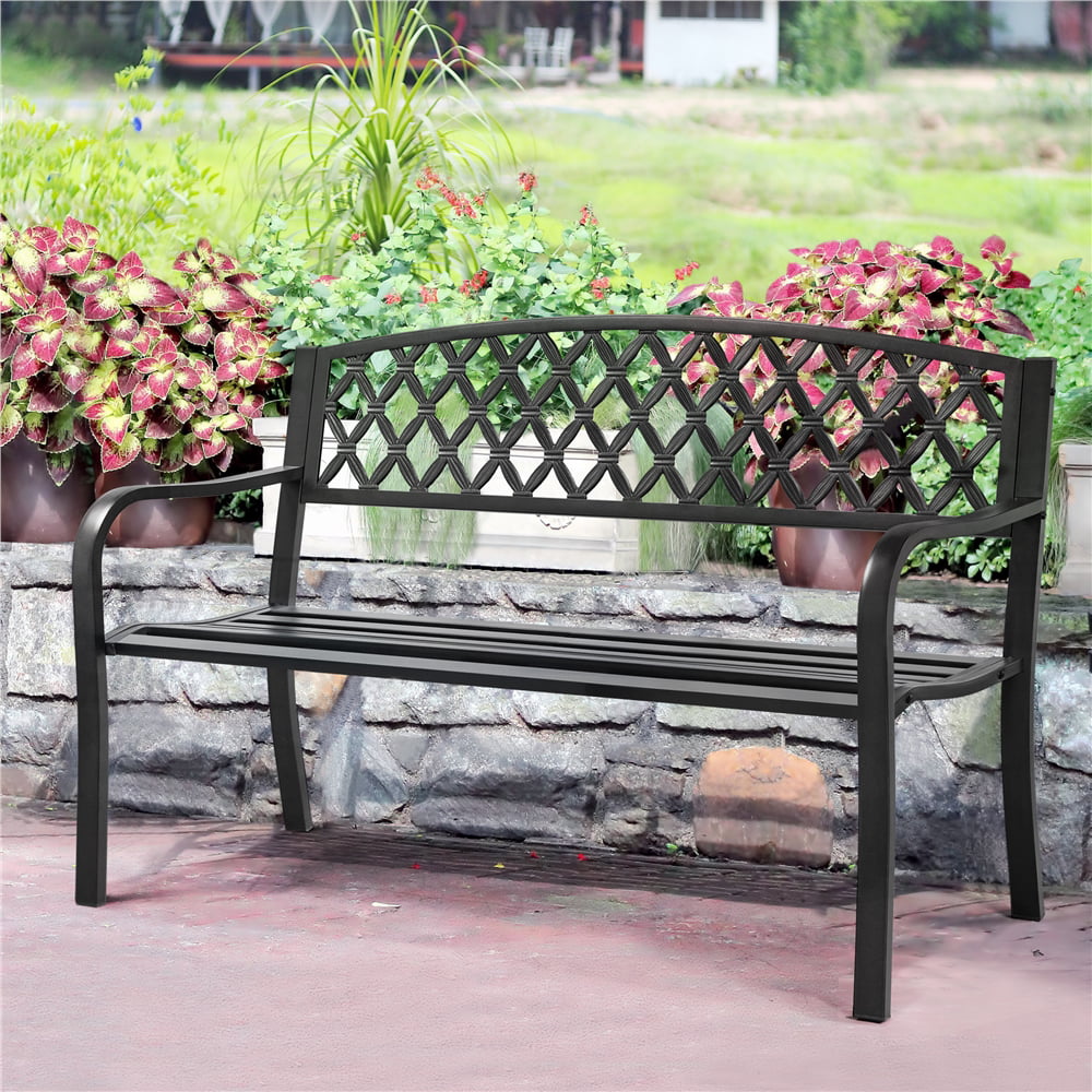 Yaheetech Patio Iron Metal Bench Outdoor Park Garden Bench with Mesh Back Slatted Seat for Yard Front Porch Path Lawn, Black