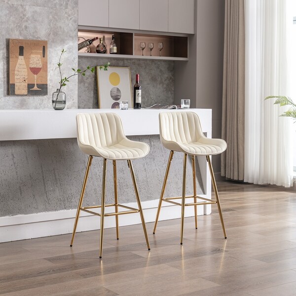 30 Inch Set Of 2 Bar Stools With Chrome Footrest Velvet Fabric Counter Stool Golden Leg Simple High Bar Stool for Living Room