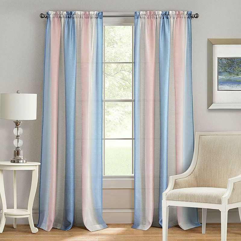 Kate Aurora 2 Pack Rainbow Striped Rod Pocket Semi Sheer Linen Window Curtain Panels