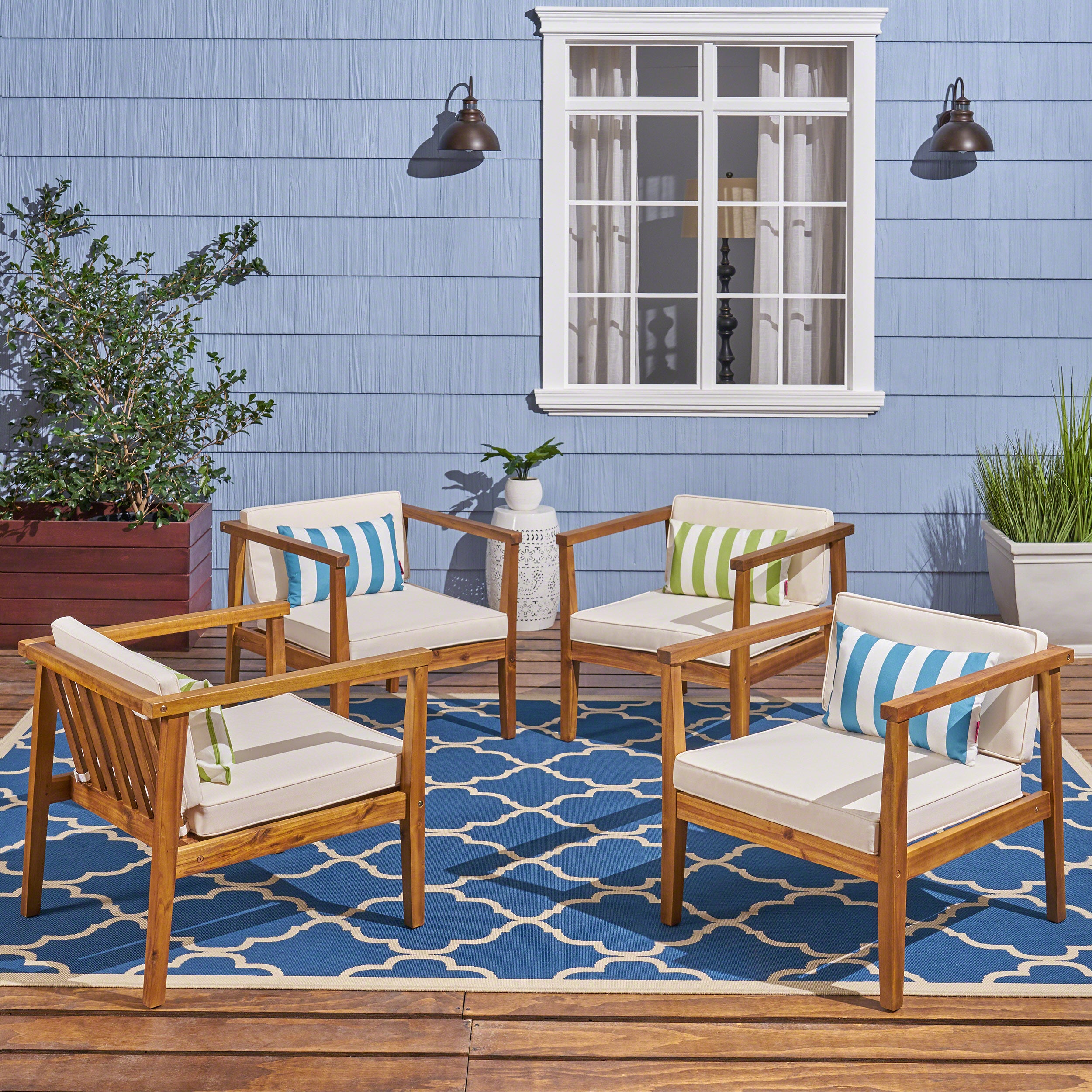 Thomson Outdoor Acacia Wood Club Chairs with Water-Resistant Cushions (Set of 4)