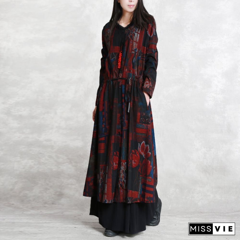 Fine burgundy print coats oversized o neck tie waist outwear Elegant long sleeve pockets coats dresses