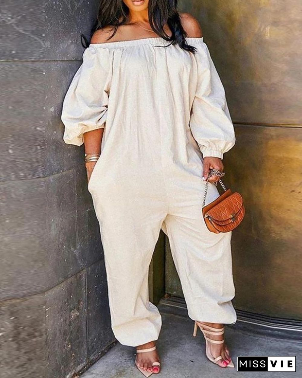 Off Shoulder Solid Lantern Sleeve Jumpsuit