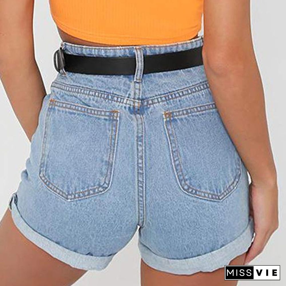 (Without Belt) Women Fashion Summer High Waist Short Jeans Denim Shorts