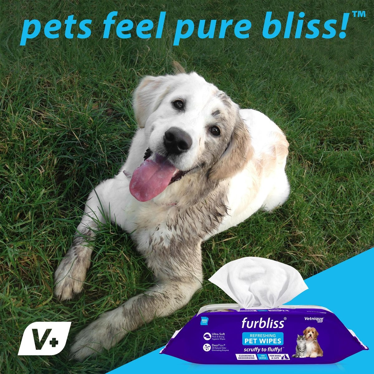 Vetnique Labs Furbliss Pet Wipes Cleansing and Deodorizing Hypoallergenic Paw and Body Dog and Cat Grooming Wipes， Unscented