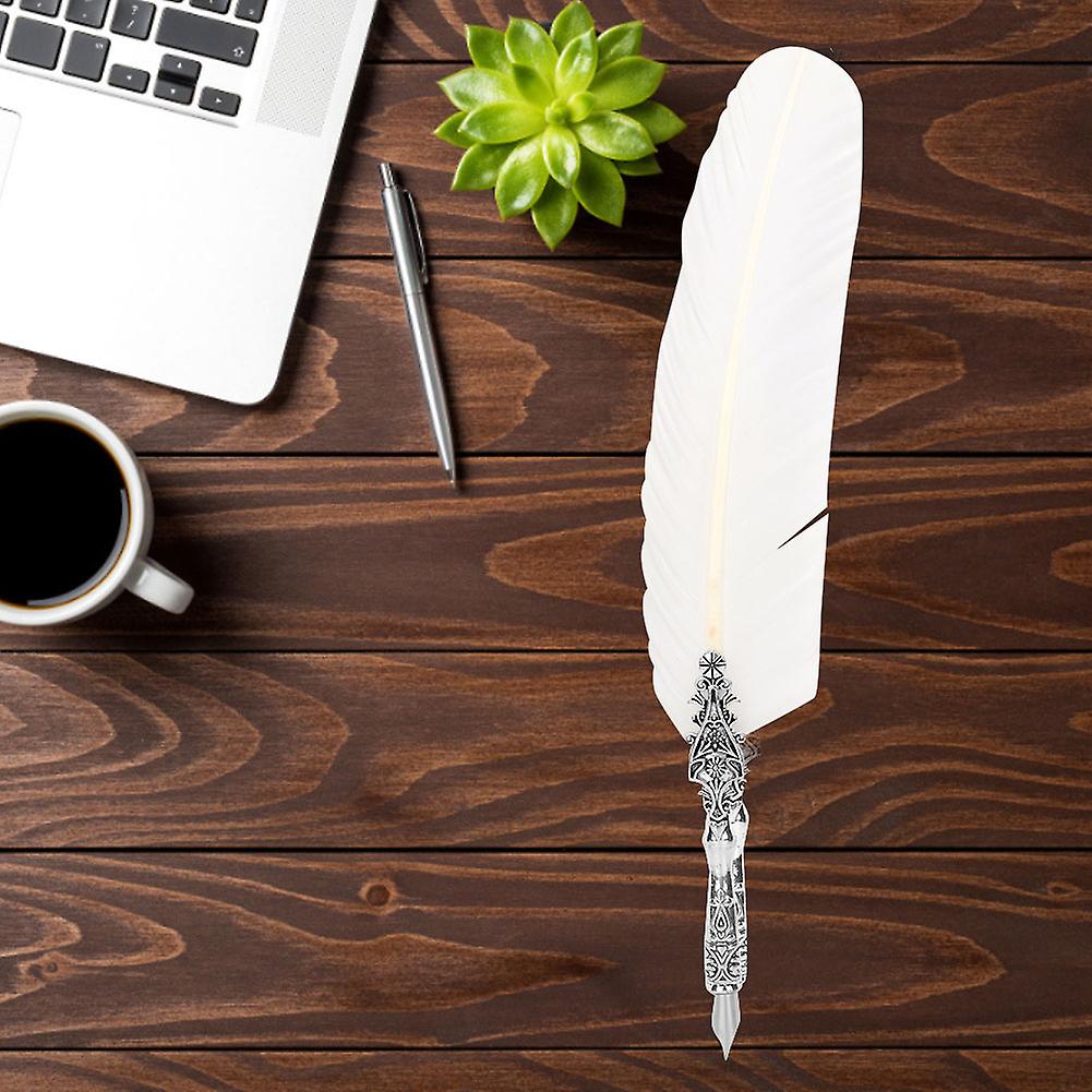 European Vintage Fountain Pen Feather Quill Dip Pen Set Stationery Gift With Gift Box (white)
