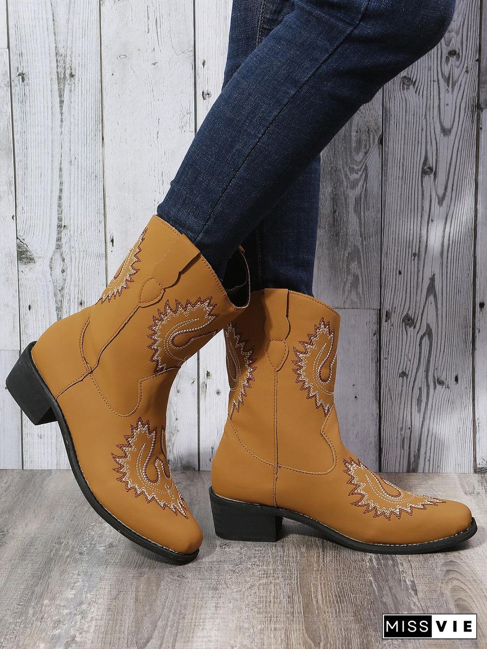 Retro Embroidered Ethnic Style Chunky Heel Casual Cowboy Boots