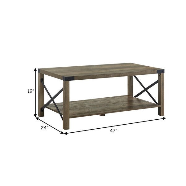 Eli 47 Inch Wood Coffee Table， Metal Brackets， Cross Bars， Rustic Oak Brown