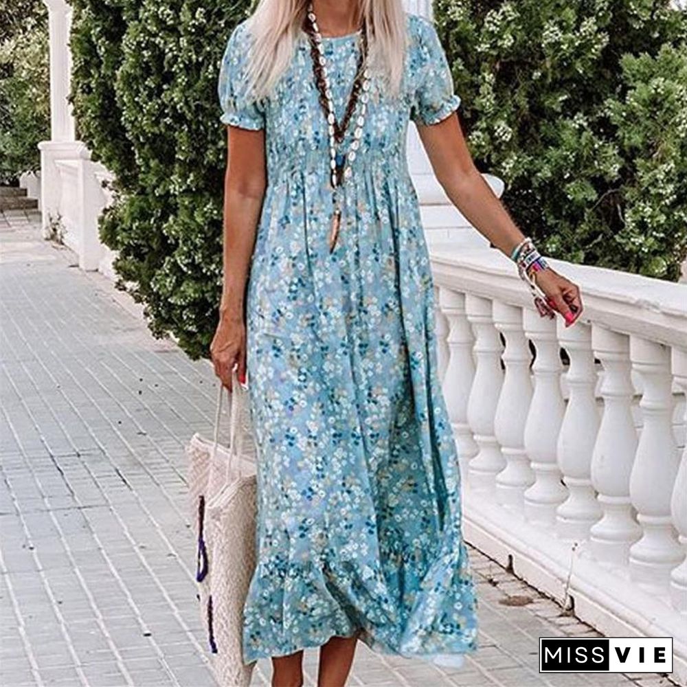 Blue Floral Slim Pleated Women Summer Dress