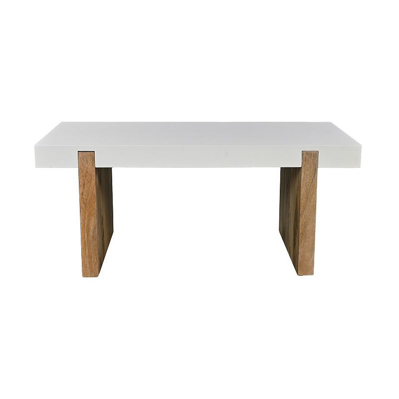 Kerry 38 Inch Mango Wood Coffee Table， Rectangular， Sled Base， Glossy White， Natural Brown