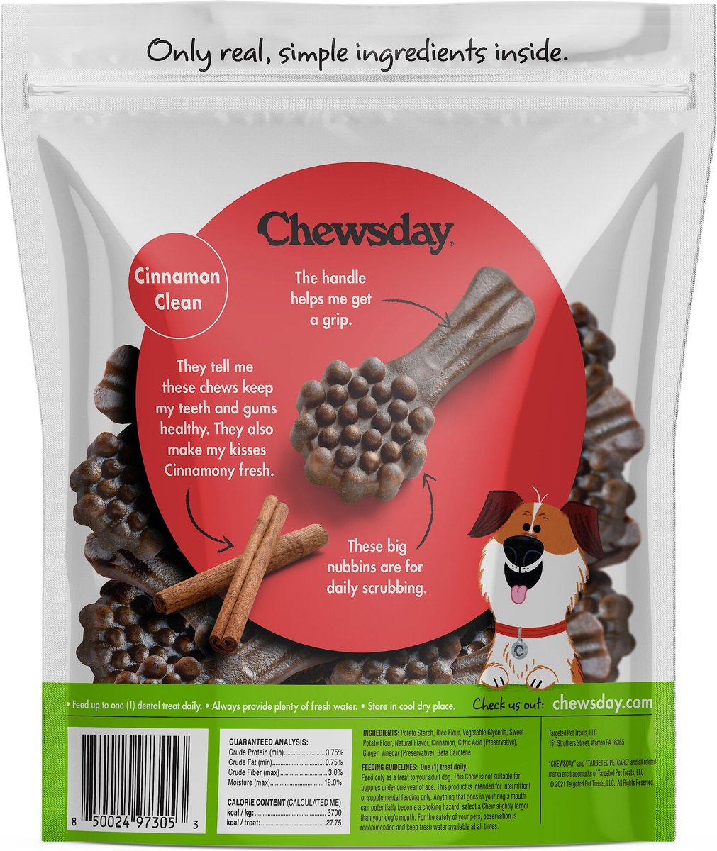 Chewsday Cinnamon Clean Daily Dental Dog Dental Treats， 28 count， X-Small