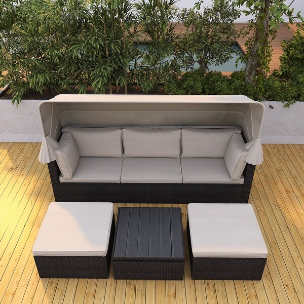 4Piece Outdoor Wicker Sectional Patio Daybed with Canopy and Ottoman