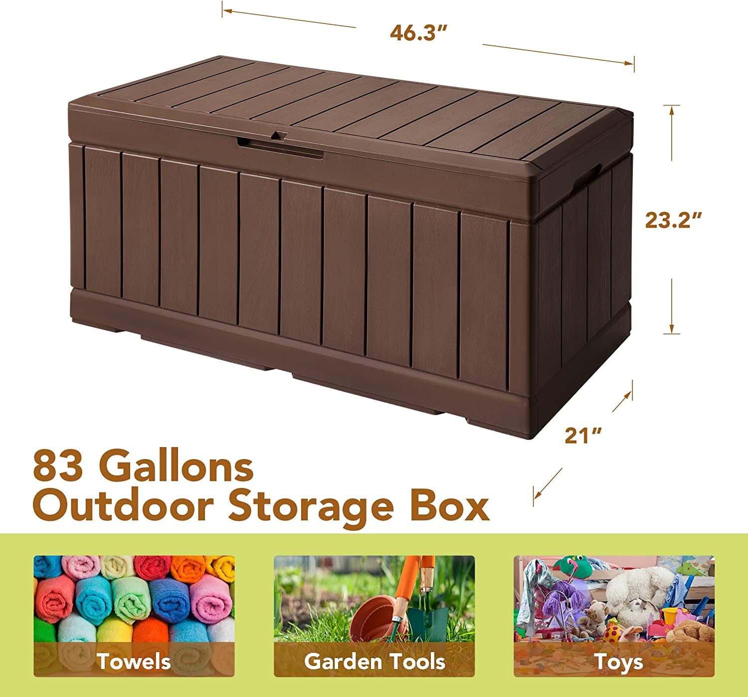 GUNJI 83 Gallons Storage Box Outdoor Waterproof Large Resin Deck Box Patio Storage Bench Lockable Storage Container for Outdoor Cushions, Garden Tools and Pool Supplies (Brown)