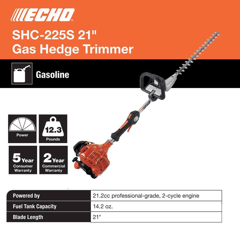 ECHO 21 in. 21.2 cc Gas 2-Stroke Hedge Trimmer with 20 in. Shaft SHC-225S