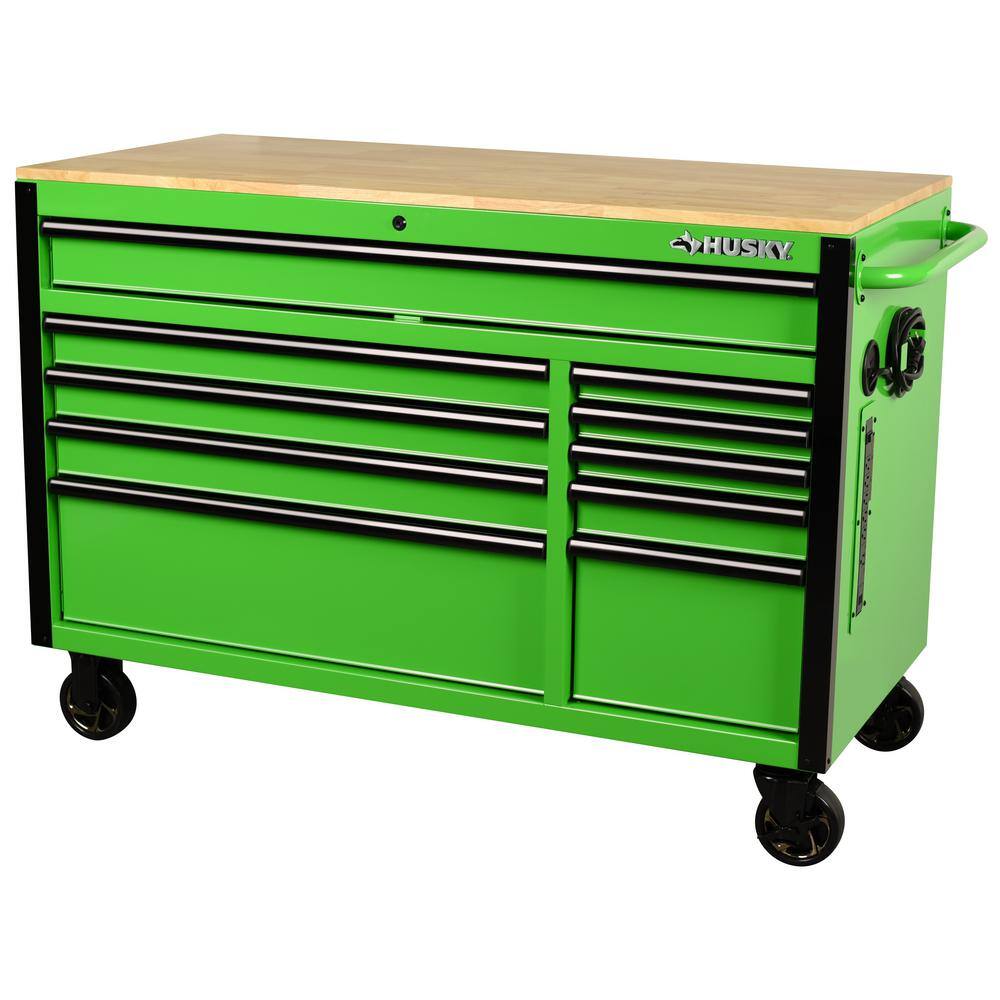 Husky 52 in. W x 24.5 in. D Standard Duty 10-Drawer Mobile Workbench Tool Chest with Solid Wood Work Top in Gloss Green H52MWC10GRN