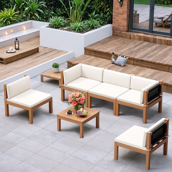 Furniwell 6Piece Outdoor Patio Furniture Sets Sectional Sofa Set Acacia Wood Set with Table