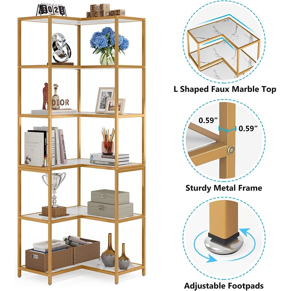 6 Shelf Corner Bookshelf  70.9 Inch L Shaped Bookcase for Small Space