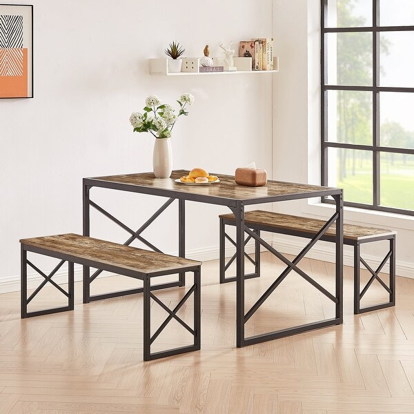 3-Piece Dining Set with Wood Table and 2 Benches