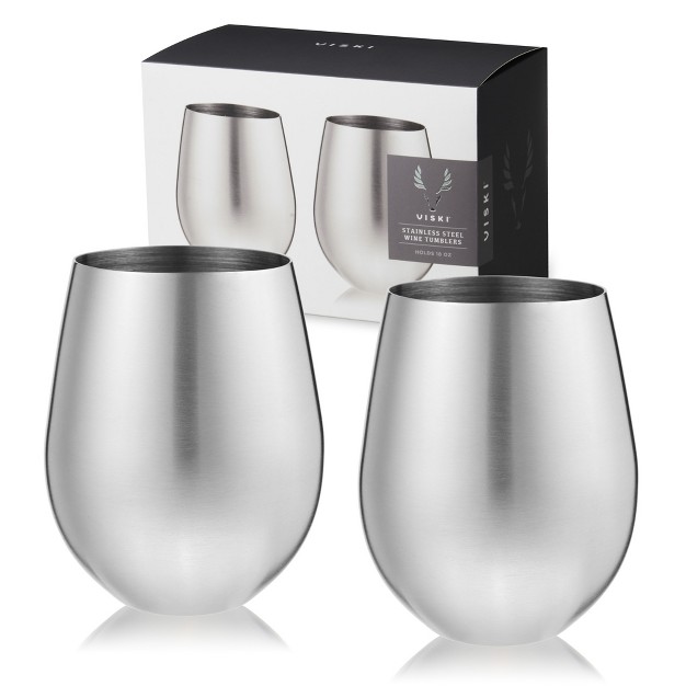 Viski Silver Wine Glasses Stemless Wine Glass Set Stainless Steel With Copper Finish 18 Ounces Set Of 2 Silver