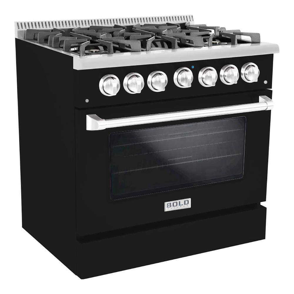 Hallman BOLD 36 in. 5.2 cu. ft. 6 Burner Freestanding Single Oven All Gas Range in. Black Stainless Steel HBRG36CMGB-LP