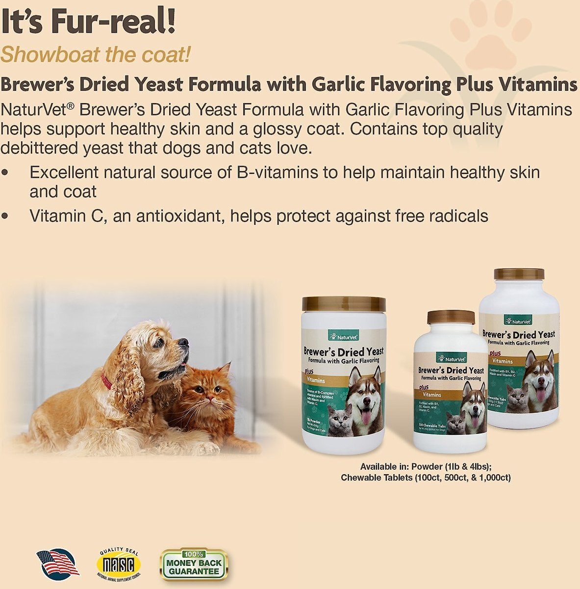 NaturVet Brewer's Dried Yeast with Garlic Chewable Tablets Skin and Coat Supplement for Cats and Dogs