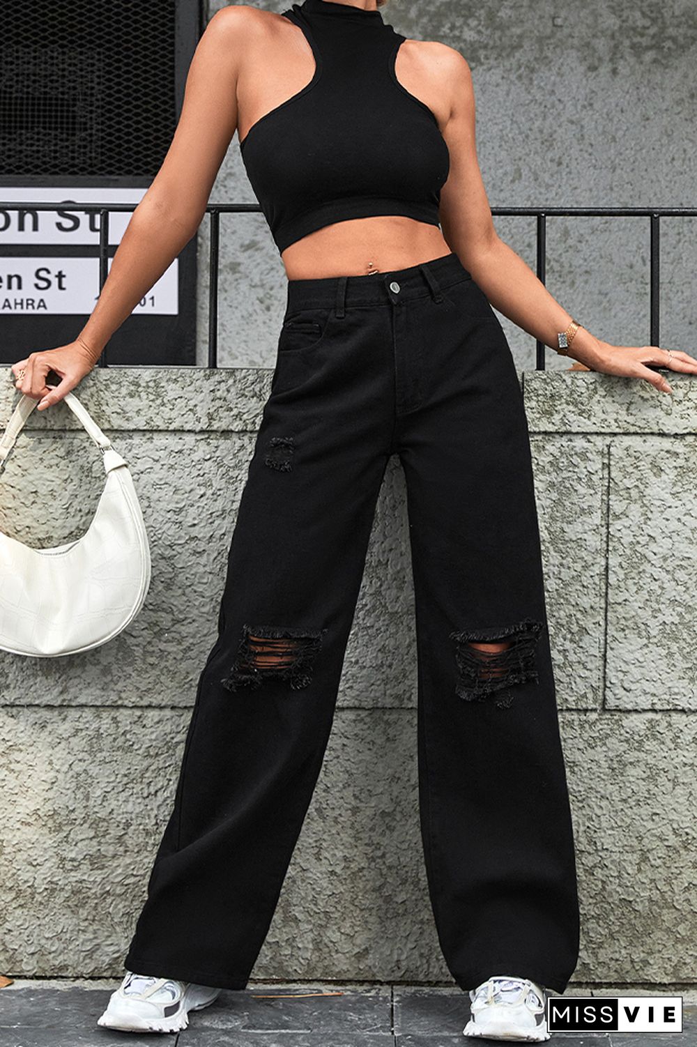 Plain Ripped High Waist Straight Jeans