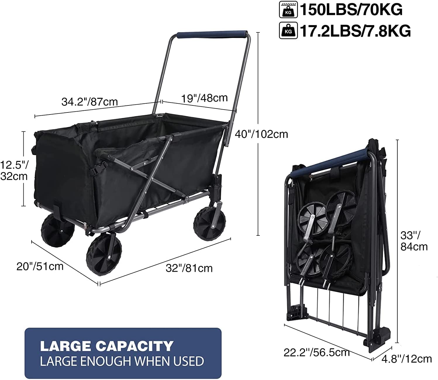 REDCAMP Folding Wagon Cart with Extendable Rear End Heavy Duty 134L Large Collapsible Utility Wagon Garden Cart with Wheels for Camping Beach Sports Shopping Black