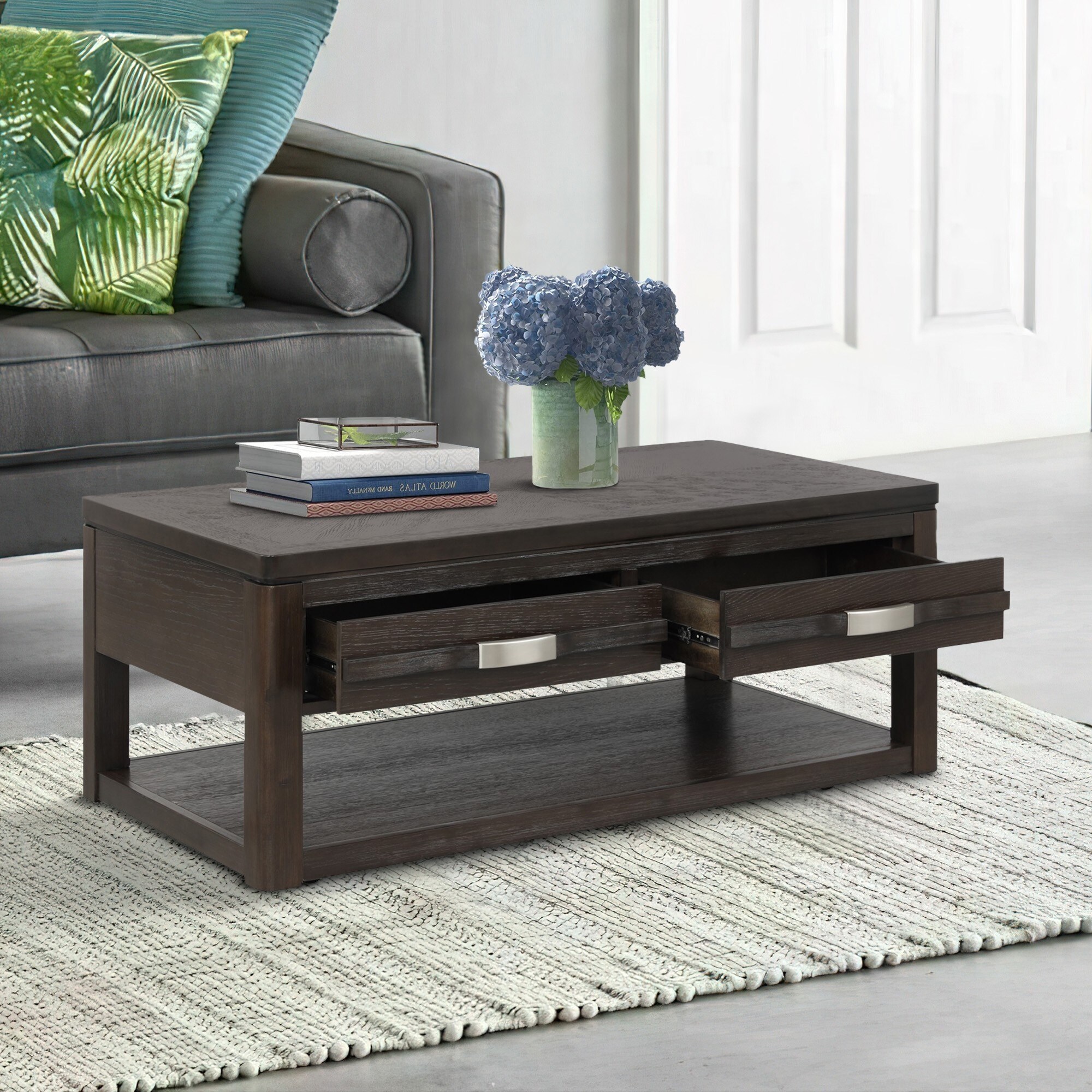 Joni 48 Inch Modern Cocktail Coffee Table， 2 Drawers， Curved Handles， Brown