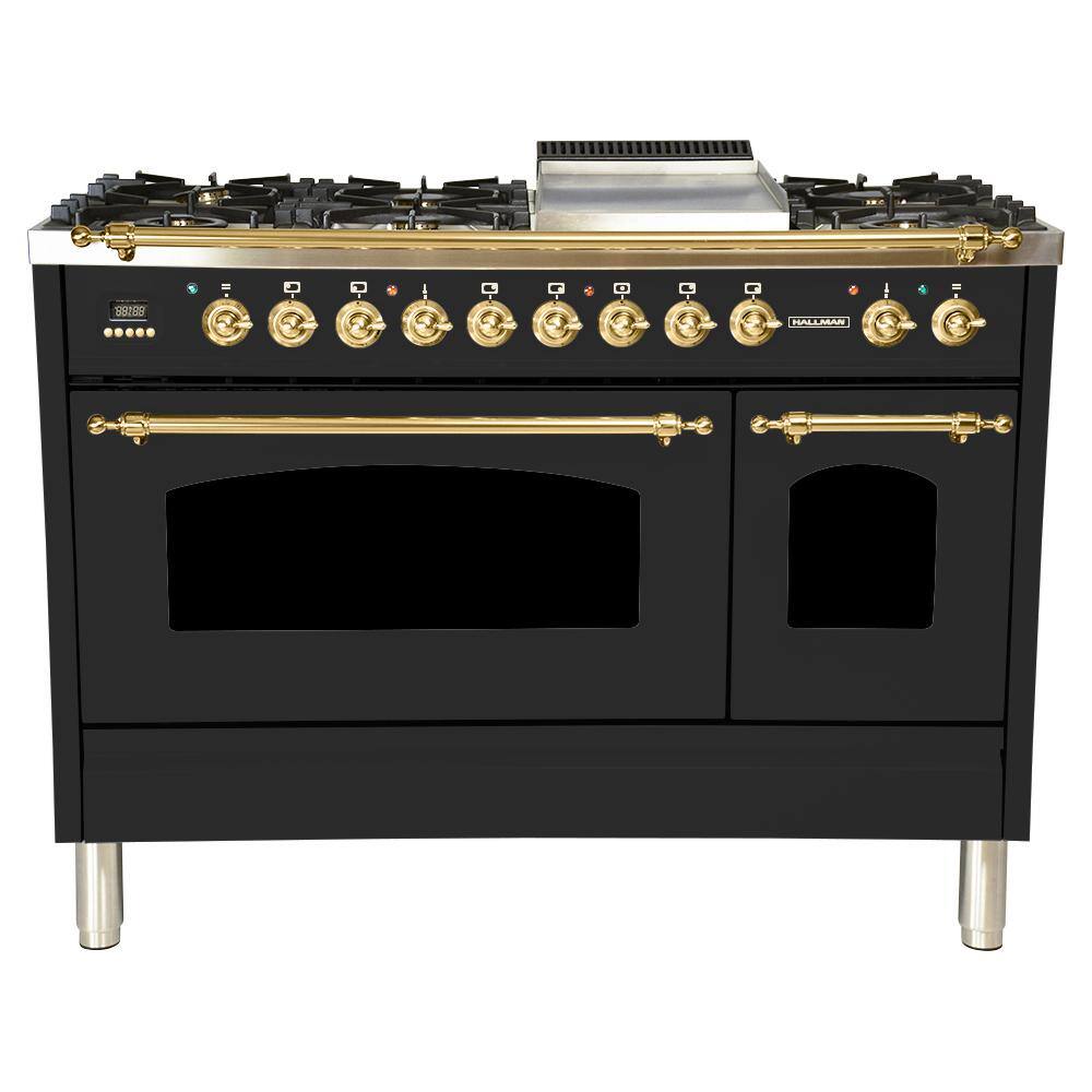 Hallman 48 in. 5.0 cu. ft. Double Oven Dual Fuel Italian Range True Convection 7 BurnersGriddleBrass Trim in Matte Graphite HDFR48BSMG