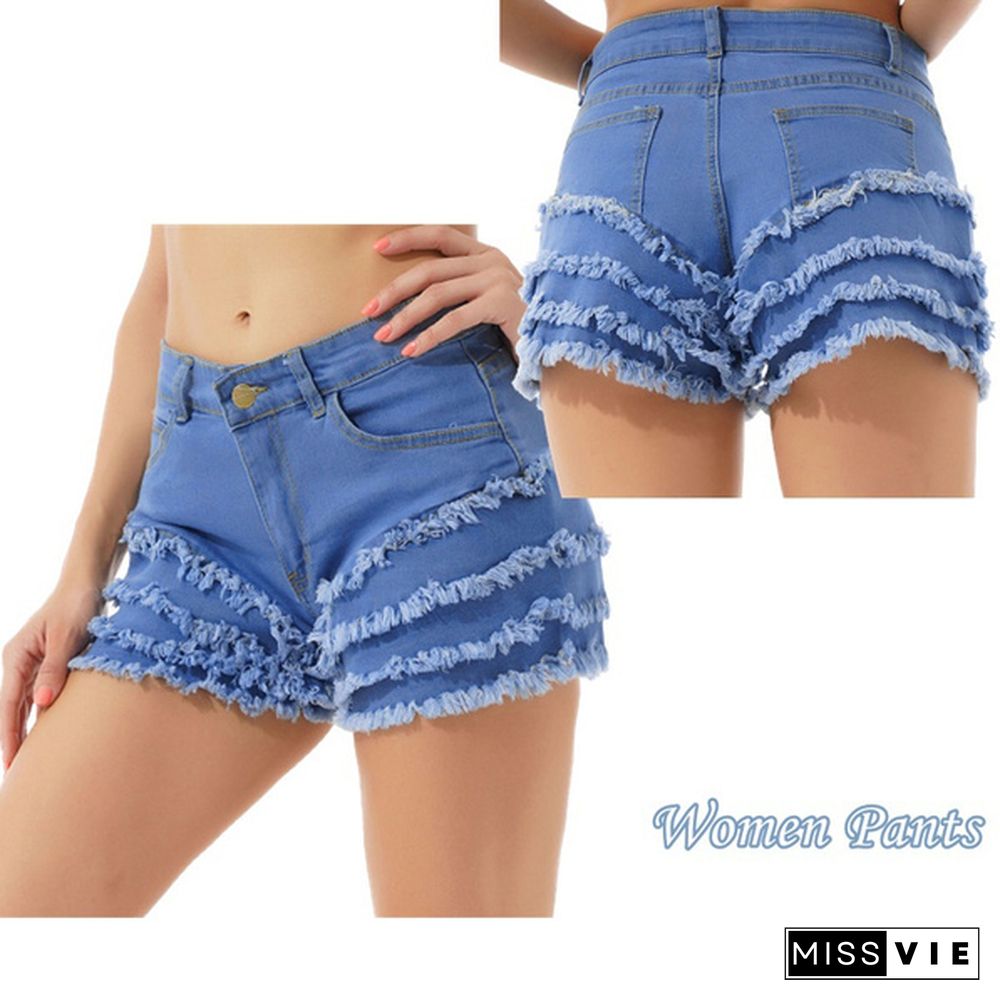 Summer Casual Hot Pants Women Layered Frayed Raw Hem Denim Shorts for Clubwear Streetwear