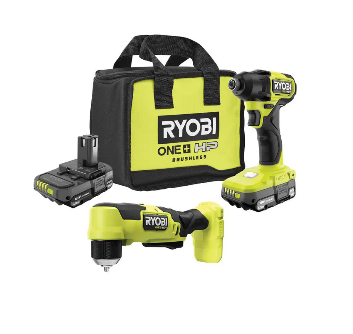 RYOBI PSBID01K-PSBRA02B ONE+ HP 18V Brushless Cordless Compact 1/4 in. Impact Driver and 3/8 in. Right Angle Drill with (2) Batteries， Charger