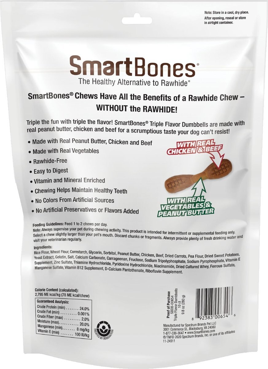 SmartBones Triple Flavor Dumbbells Real Peanut Butter， Chicken and Beef Dog Treats， 10 count