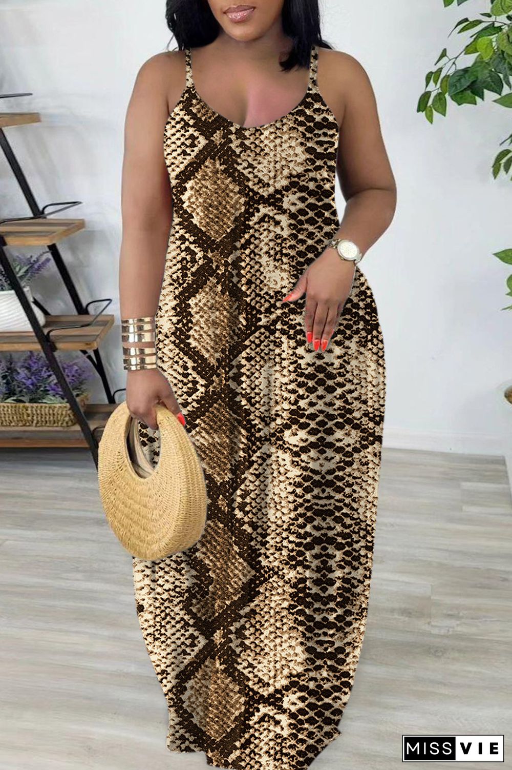 Dark Khaki Sexy Casual Print Backless Spaghetti Strap Long Dress Dresses