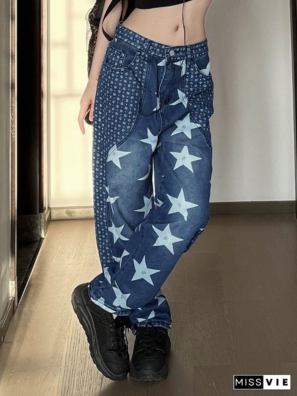 Patchwork Star Print Boyfriend Jeans