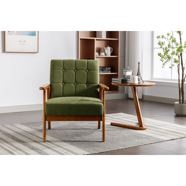 Green Leisure Chair with Solid Wood Armrest ， Linen Accent chair