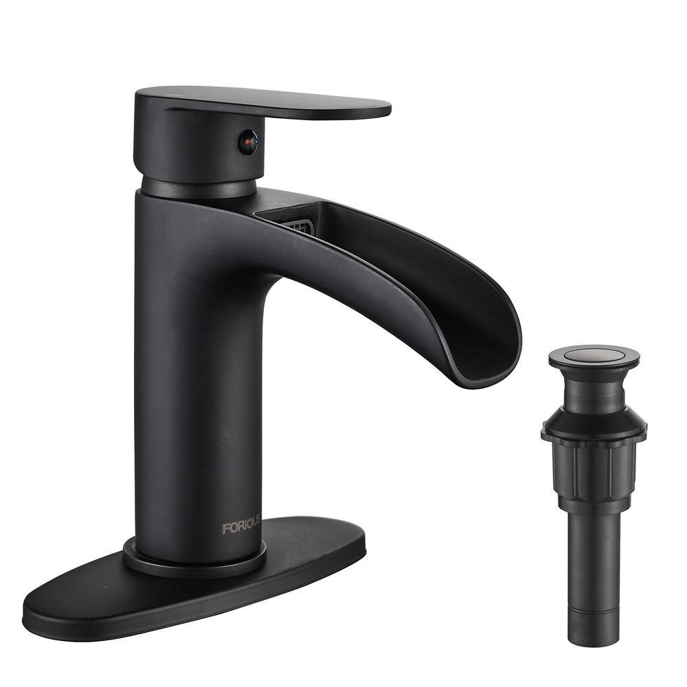 FORIOUS Waterfall Single Handle Bathroom Faucet with Metal Pop-Up Drain Bathroom Sink Faucet Matte Black in Bathroom HH0302BD