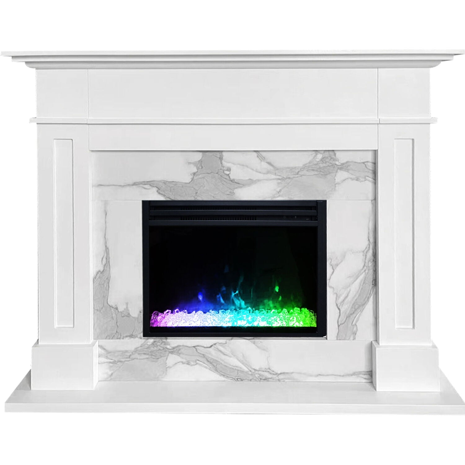 Sofia Cambridge 57-In. Modern Indoor Electric Fireplace Mantel with LED Multi-Color Crystal Insert with Remote | White Faux Marble | Heating for Living Room, Dining Room, Bedrooms up to 210 Sq.Ft.