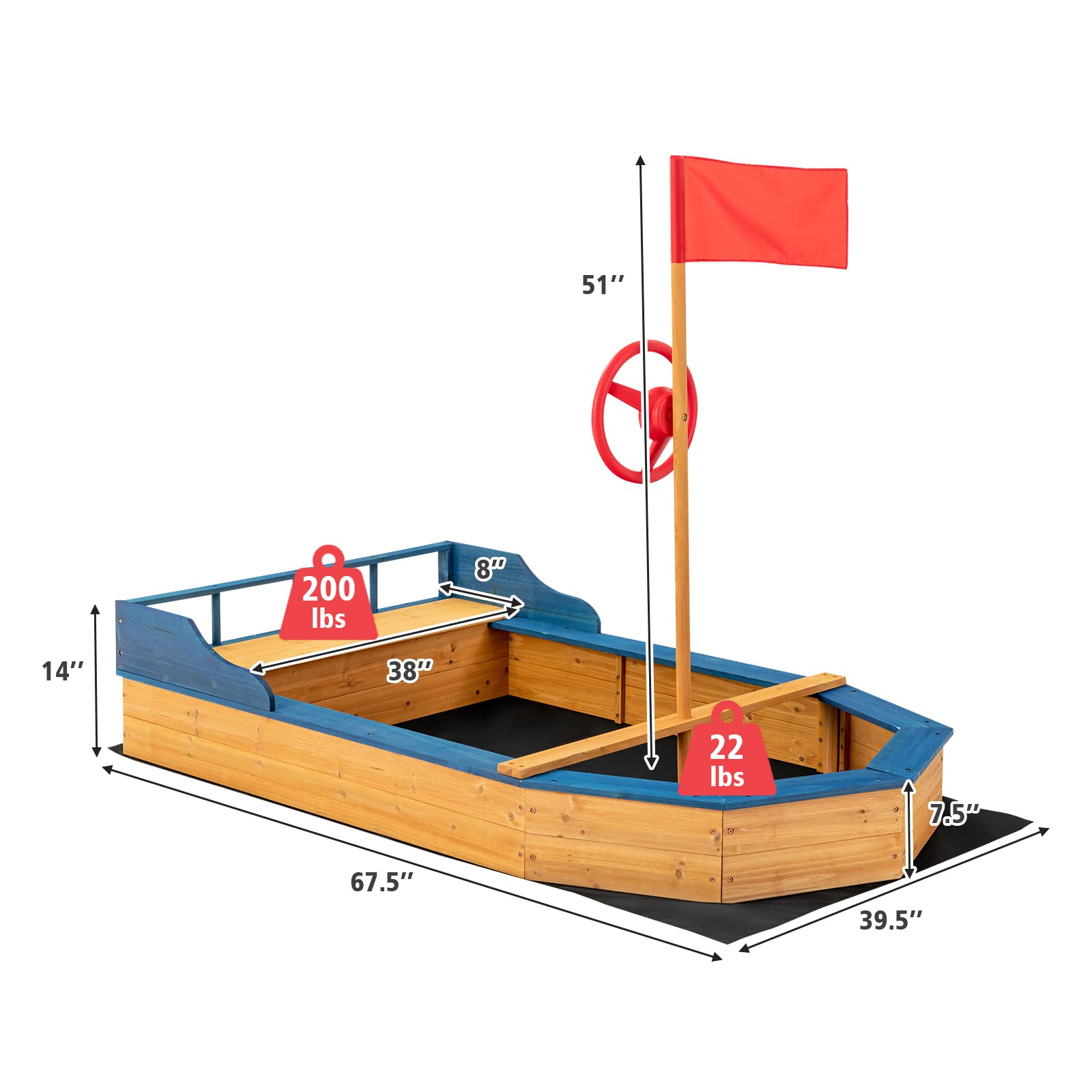 Costzon Pirate Boat Wood Sandbox for Kids, Wooden Pirate Sandpit w/Bench Seat