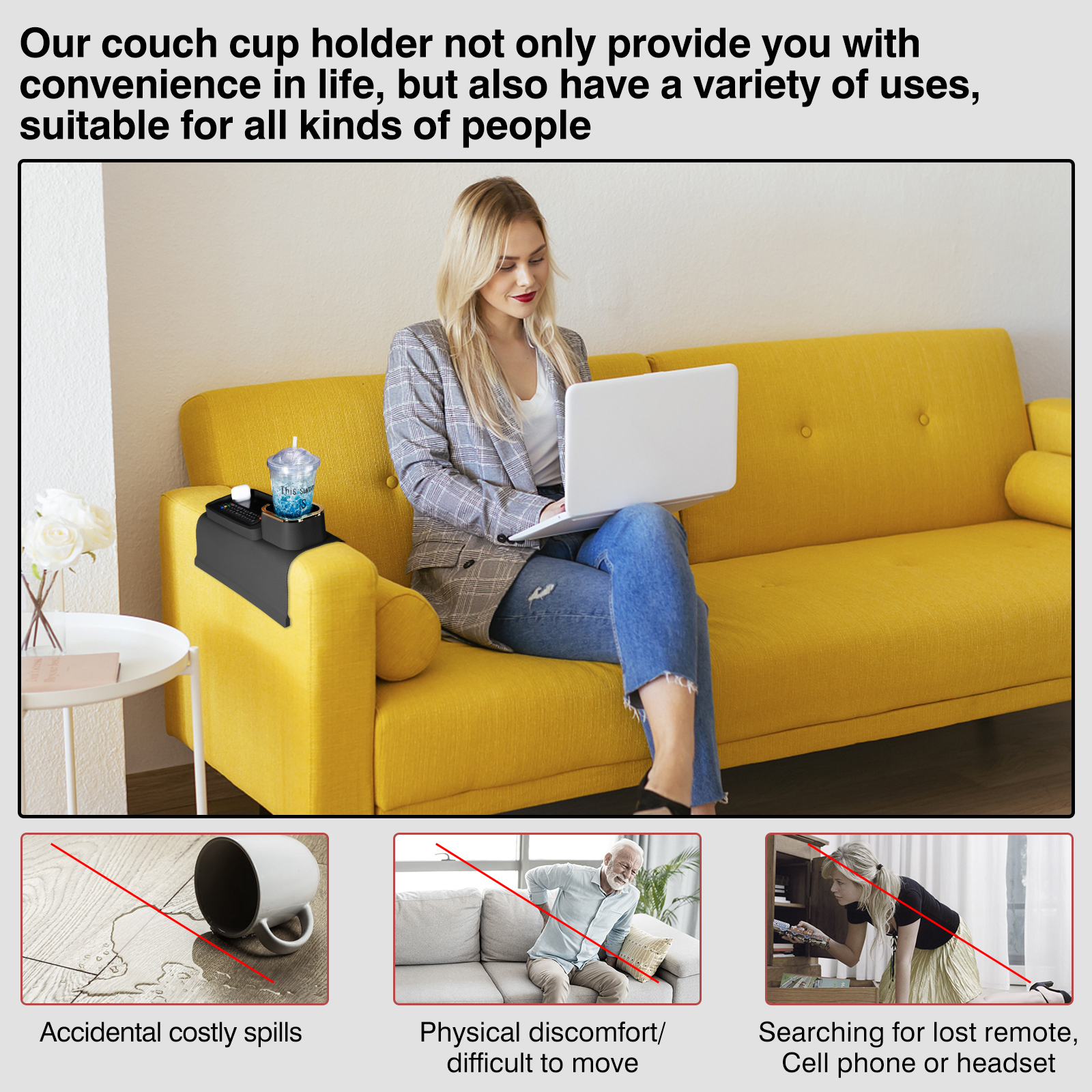 Sofa Cup Holder Tray， drink holder for your sofa  Silicone Non-slip Sofa Coaster Tray Set， For Armchair Sofa Coaster， Remote Control and Cell Phone， Glasses， Snack Storage Box (Black)