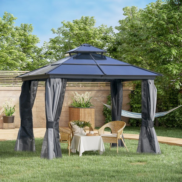 Outsunny Hardtop Gazebo Outdoor Polycarbonate Canopy Aluminum Frame Pergola With Double Vented Roof Netting amp Curtains For Garden