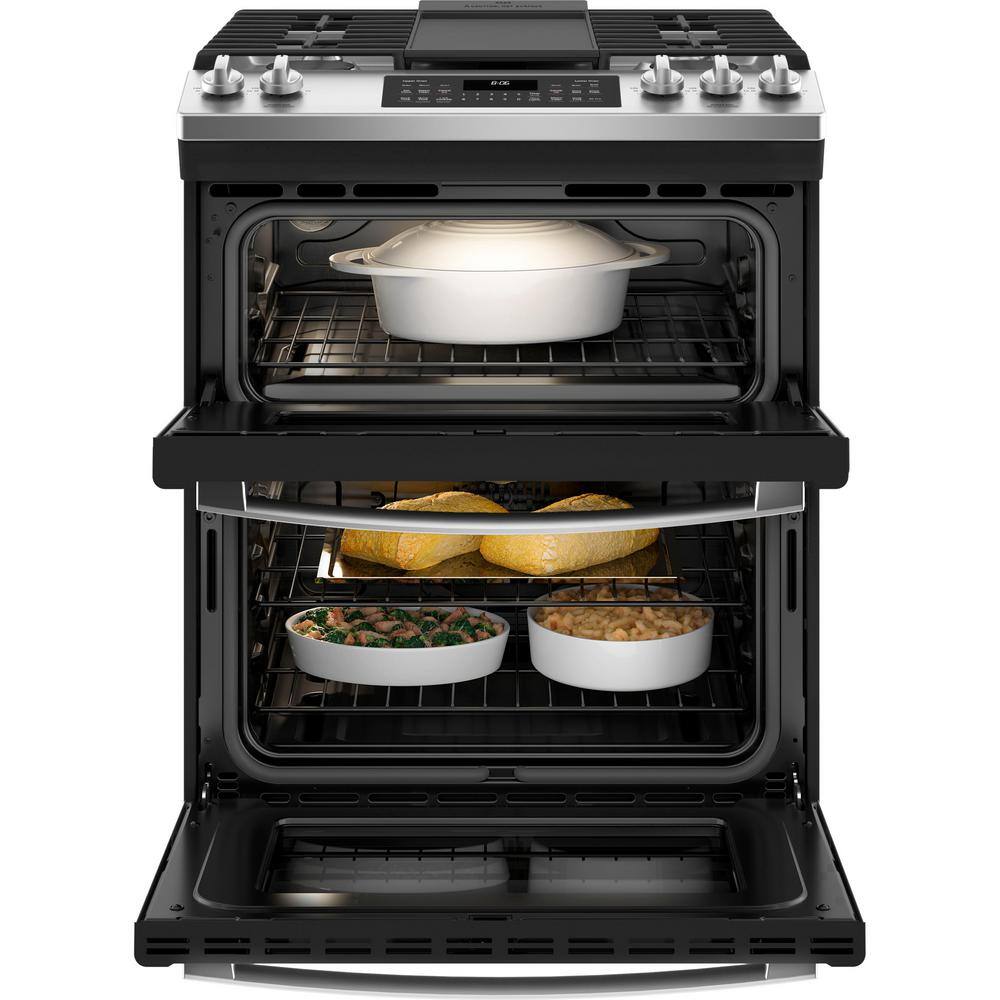 GE 30 in. 6.7 cu. ft. Slide-In Double Oven Gas Range in Stainless Steel with Griddle JGSS86SPSS