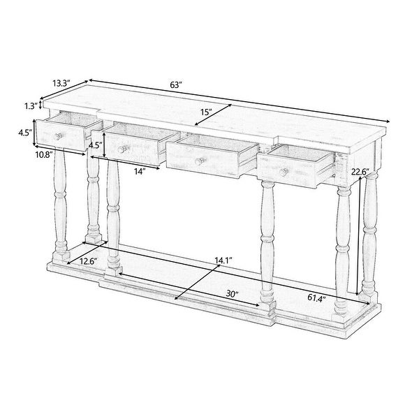 Retro Senior Console Table with 4 Front Facing Storage Drawers and a Shelf， Entryway Table for Entryway， Hallway， Living Room